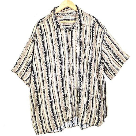 Vintage 90s Brown Black Southwestern Stripe 100% Rayon Button Front Shirt - Picture 1 of 6